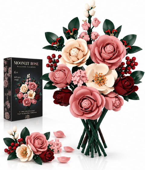 Pink Rose Flower Bouquet Building Set for Adults, 645PCS