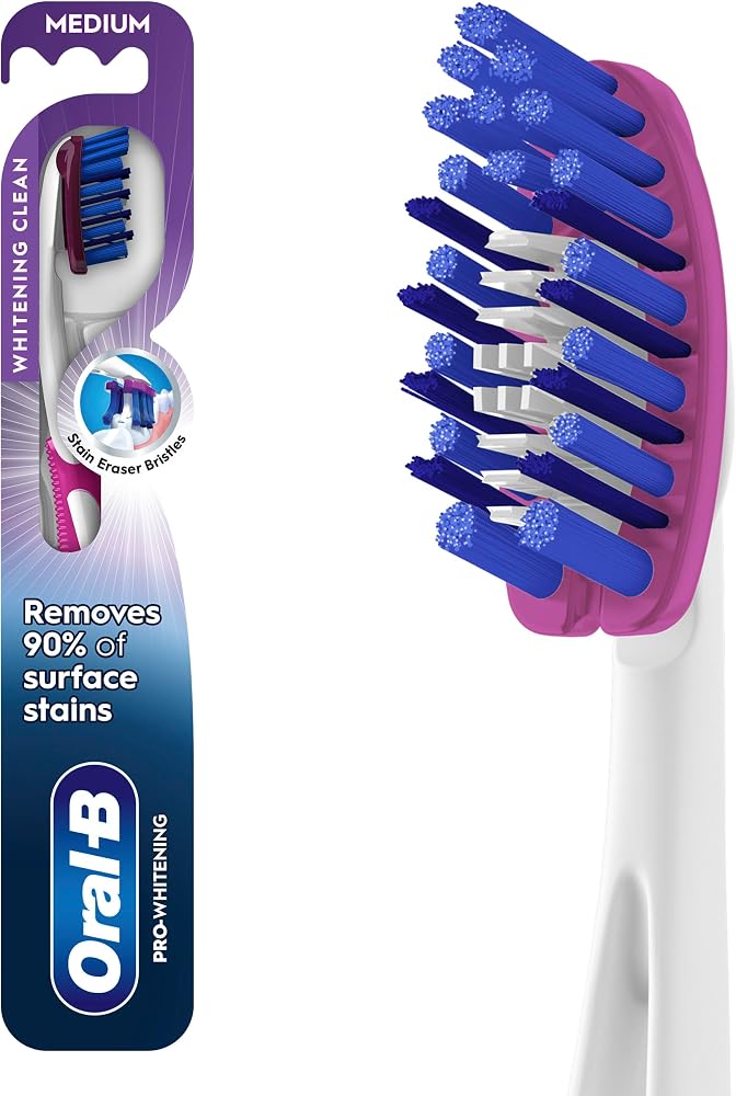 Oral-B, 3D White Deep Stain Remover, toothbrush Medium, Removes 90% of surface stains, whitens teeth, deep reach, removes plaque and stains tooth brush, 1 Count