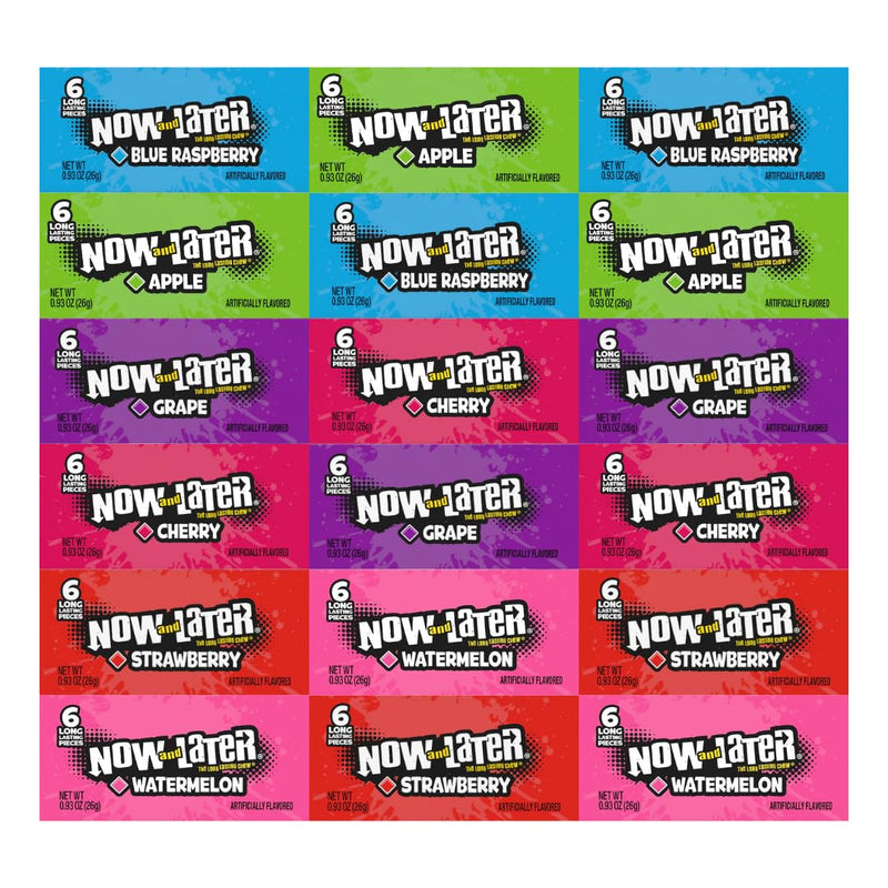 Variety Pack Candy Now and Later, Individually Wrapped, 18 Count - Includes Blue Raspberry, Apple, Grape, Cherry, Strawberry, Watermelon, 0.93 oz Each, Perfect for Sharing, Parties, or On-the-Go Snacking
