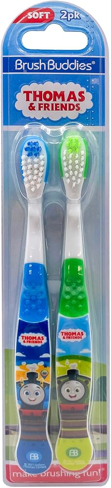 Brush Buddies Thomas and Friends Kids Toothbrush Twin Pack Manual Toothbrushes for Toddlers and Children Soft Bristles Character Toothbrush for Boys and Girls Ages 3 Plus Green and Blue