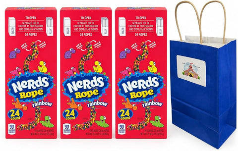 Big TOP DEALS USA Nerds Rope Rainbow Candy, 3 Boxes, 72 Individually Wrapped Ropes Each, Sweet Crunchy Candy, Soft Chewy Center, with Blue Gift Bag