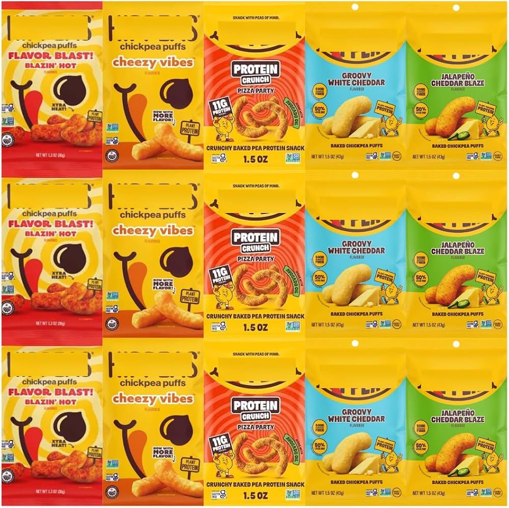 Chickpea Puffs Variety Pack, Blazin' Hot, Cheezy Vibes, Pizza Party, Groovy White Cheddar & Jalapeno Cheddar Blaze, 15 Pack