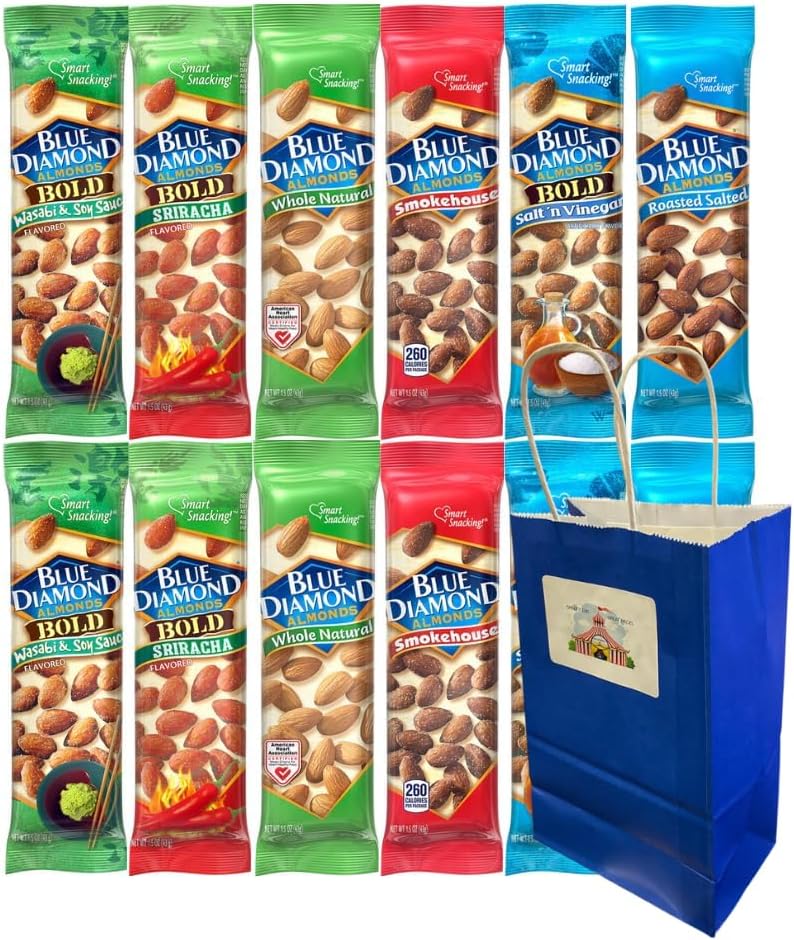 Variety Pack Almonds 12-Pack – 2 Each of 6 Flavors, 1.5 oz Bags – Individually Packed Snack Nuts with Blue Paper Gift Bag – Keto, Gluten-Free, On-the-Go Protein Snack Option