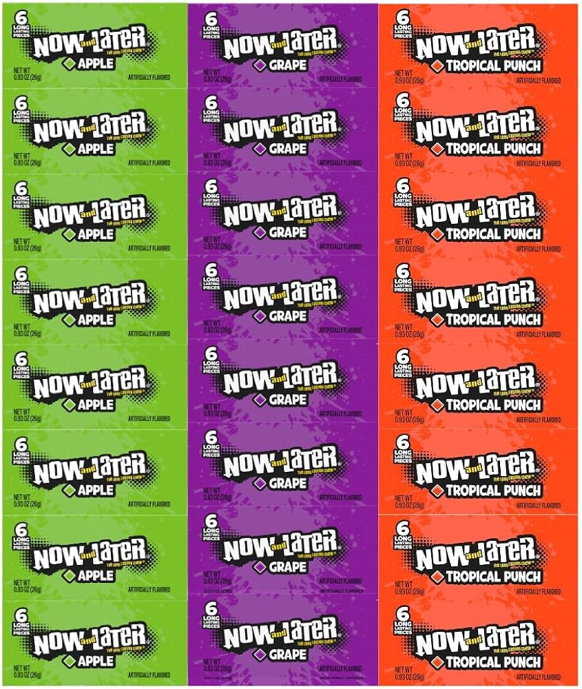 Variety Pack Now and Later - Apple, Grape, Tropical Punch Flavors - 0.93 oz Chewy Candy Bars - 8 of Each Flavor - 24 Pack