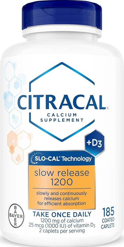 Citracal Slow Release- Calcium 1200 mg with Vitamin D3, Magnesium, Calcium Supplement, Bone Health Support, Take Once Daily Caplet, 185 Count