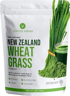 Antler Farms - 100% Pure Organic New Zealand Wheatgrass Powder, 40 Servings, 200g - Raw, Vegan, Gluten Free, Nutrient Rich, High Chlorophyll Wheat Grass, Detox, Essential Amino Acids, Minerals