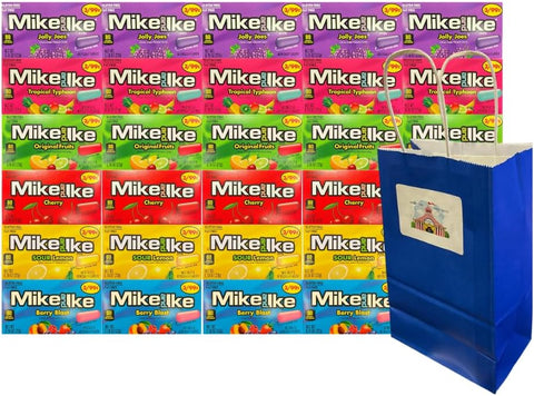 Variety Pack Mike and Ike Fruity Chewy Candy 30 Count – Includes Jolly Joes, Tropical Typhoon, Original Fruits, Cherry, Sour Lemon, Berry Blast – 0.78 oz Each with Blue Paper Bag 5.25x3.2x8
