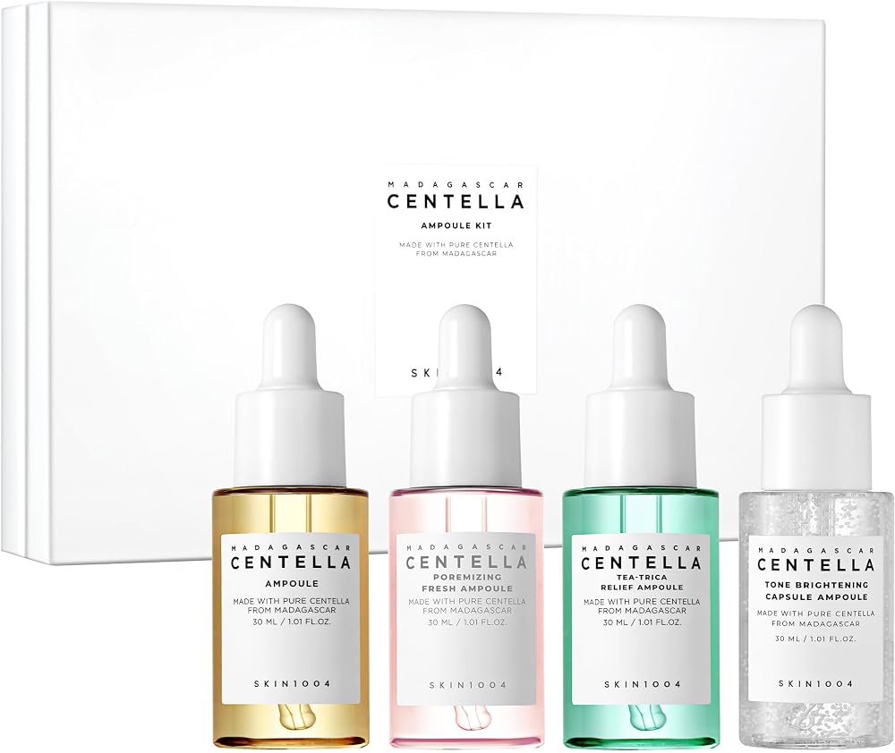 Skin1004 Madagascar Centella Ampoule Kit, 4ea x 1.10 fl.oz, 30ml, Travel Size Face Serum Collection, Korean Skincare Set with Centella Ampoule and Hydrating Serum for Soothing Care, Korean Skin Care