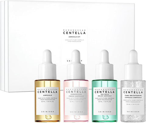 Skin1004 Madagascar Centella Ampoule Kit, 4ea x 1.10 fl.oz, 30ml, Travel Size Face Serum Collection, Korean Skincare Set with Centella Ampoule and Hydrating Serum for Soothing Care, Korean Skin Care