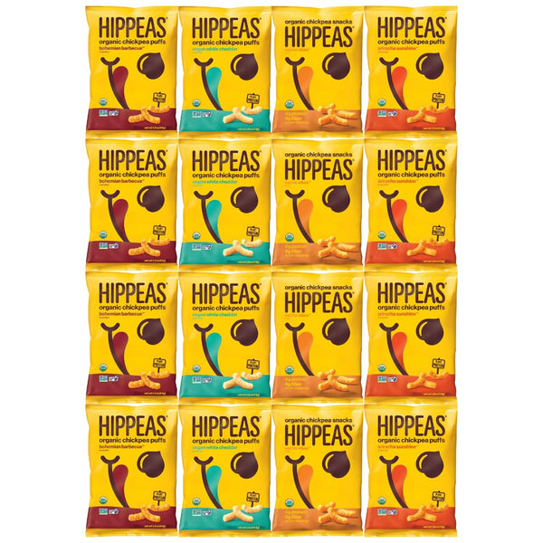 Variety Pack Organic Chickpea Puffs Hippeas - 4 Flavors: Bohemian BBQ, Vegan White Cheddar, Nacho Vibes, Sriracha Sunshine - 4 Each, 16 Pack, 1.5 oz - Gluten-Free, Plant-Based Protein, Non-GMO