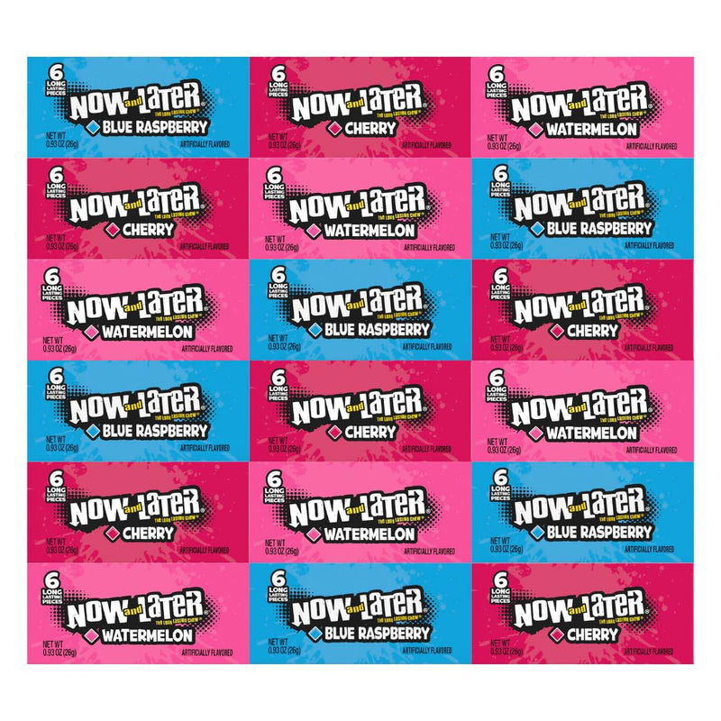 Variety Pack Candy Now and Later – 18 Pack, Individually Wrapped, 6 Each of Cherry, Blue Raspberry, Watermelon, 0.93 oz – Chewy and Long-Lasting Fruity Flavor, Perfect for Sharing and Snacking