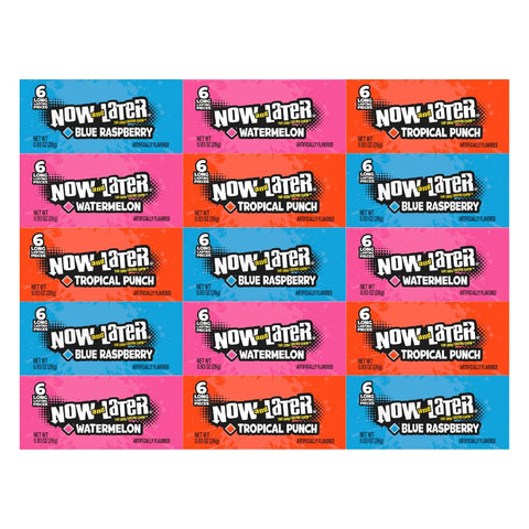 Variety Pack Now and Later Candy, 15 Individually Wrapped Pieces, Long-Lasting Chewy Candy, 0.93 oz Each, Assorted Flavors Including Watermelon, Blue Raspberry, and Tropical Punch