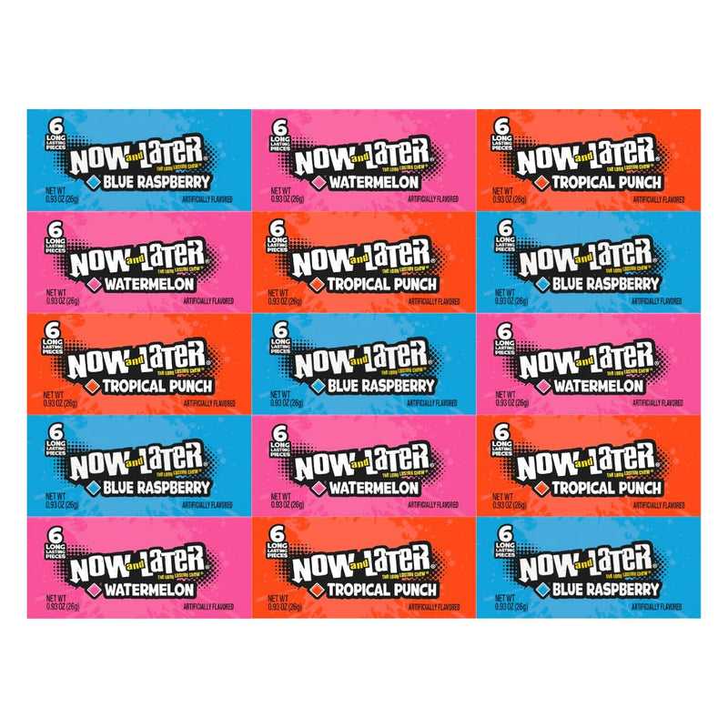 Variety Pack Now and Later Candy, 15 Individually Wrapped Pieces, Long-Lasting Chewy Candy, 0.93 oz Each, Assorted Flavors Including Watermelon, Blue Raspberry, and Tropical Punch