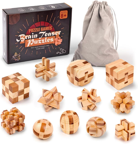 VolksRose 12pcs Wooden Brain Teaser Puzzles, IQ Challenge Puzzle Games, Logic Smart Mind Puzzle Box Lock Toy Removing Assembling 3D Small Puzzle Gift Set for Adults Teenagers Kids, 1.8inch 4.5cm