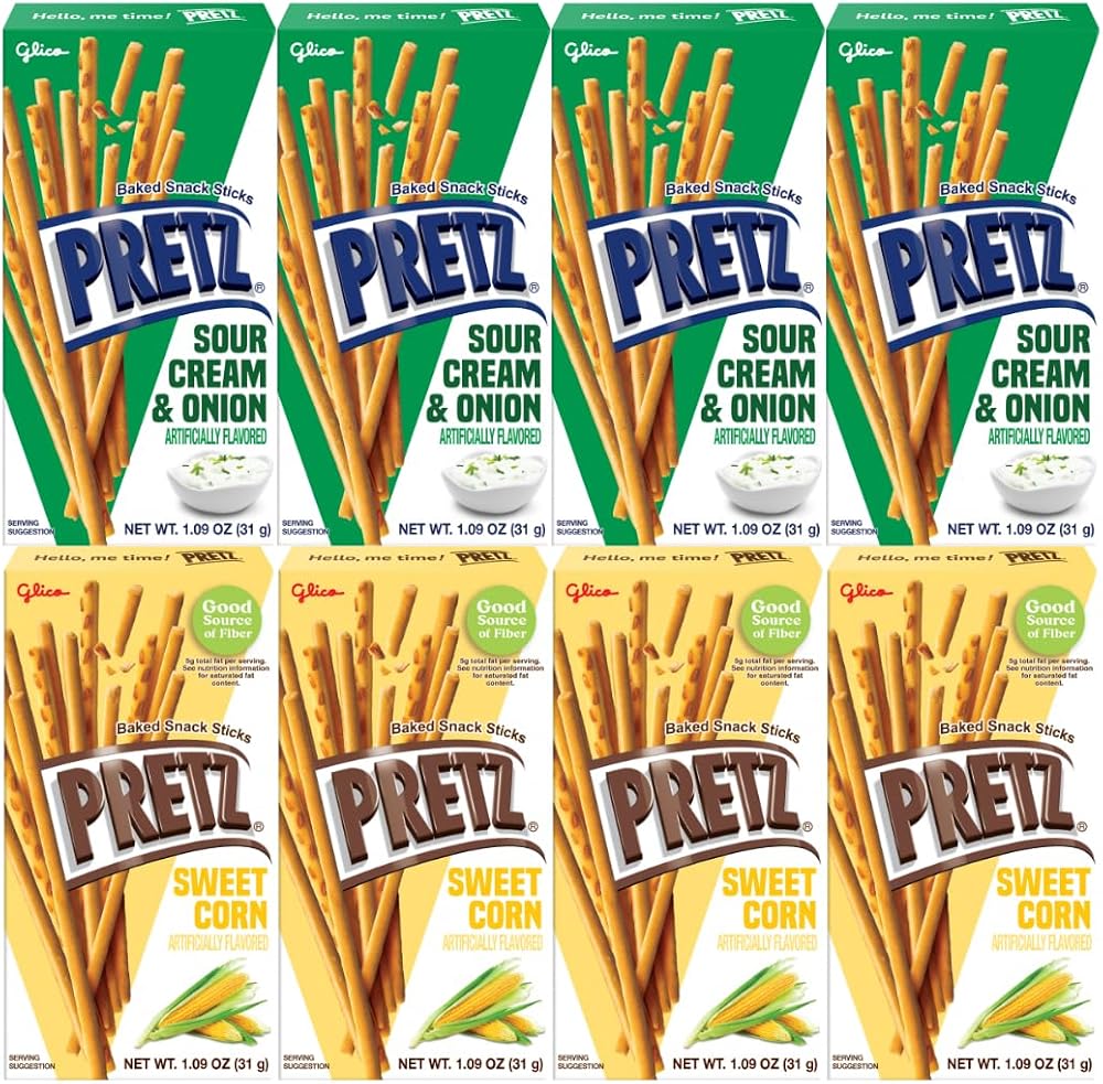 Baked Snack Sticks Variety Pack 8 Pack 1.09 oz Individual Bags, Crunchy Baked Pretzel Sticks, Sour Cream & Onion and Sweet Corn Flavored On The Go Lunchbox School Office Party