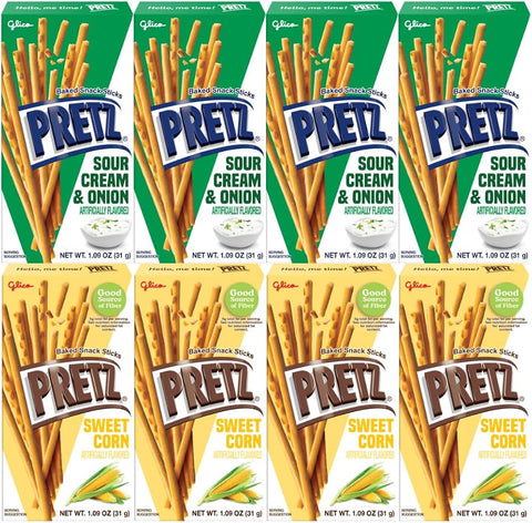 Baked Snack Sticks Variety Pack 8 Pack 1.09 oz Individual Bags, Crunchy Baked Pretzel Sticks, Sour Cream & Onion and Sweet Corn Flavored On The Go Lunchbox School Office Party