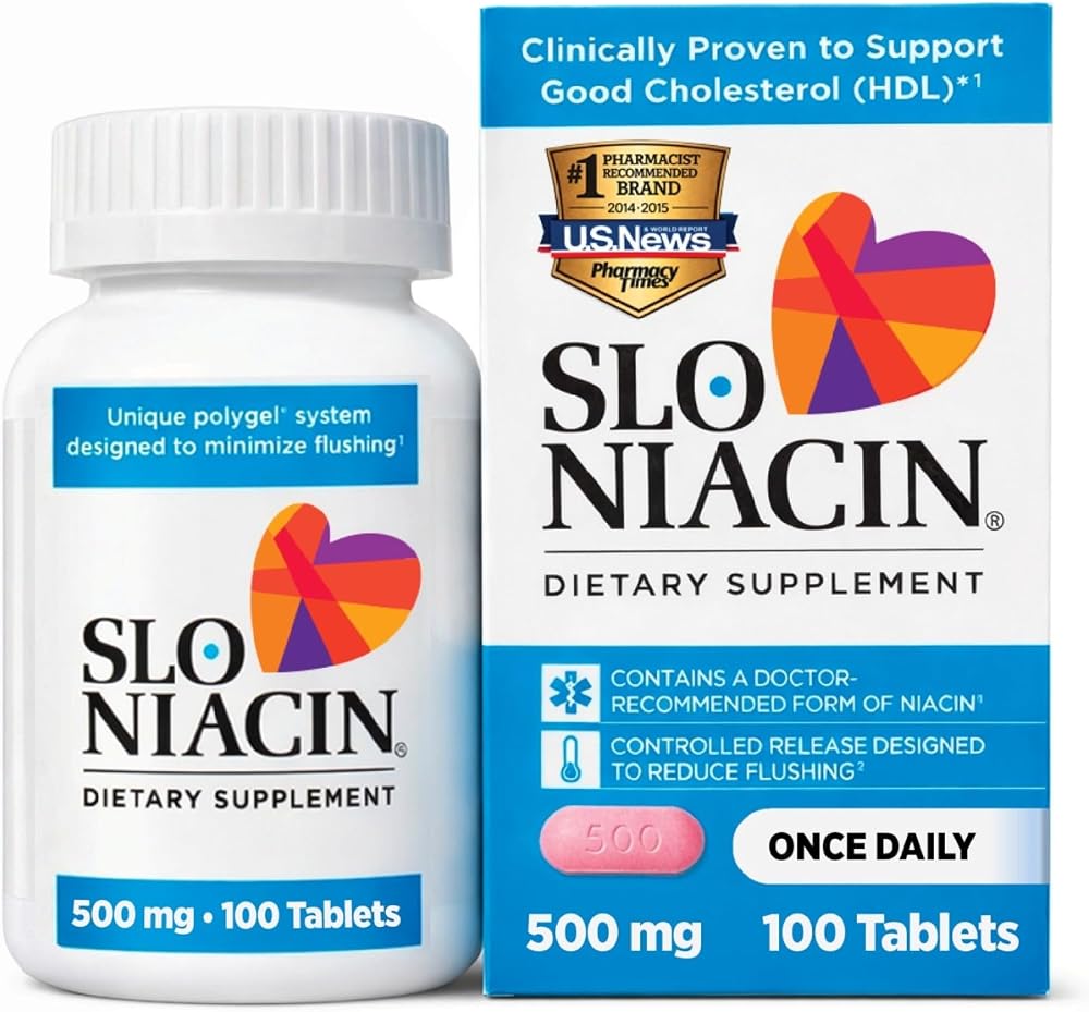 Slo-Niacin Slow Release Niacin 500mg – Vitamin B3 Supplement for Heart Wellness – Flush-Free B3 Vitamins for Cholesterol & Cardiovascular Support – 100 Tablets