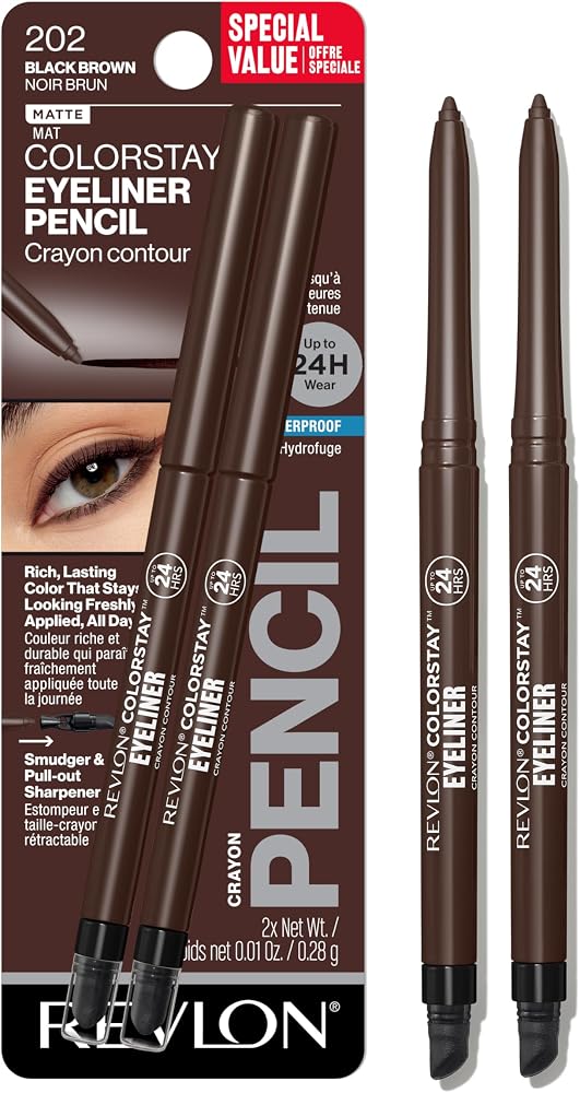 REVLON ColorStay Pencil Waterproof Eyeliner, 202 Black Brown, 2 pack