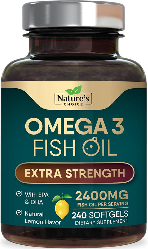 Omega 3 Fish Oil 2400mg - Triple Strength Fish Oil Omega 3 Supplements, Essential Fatty Acids EPA & DHA - Omega-3 for Natural Heart, Brain & Immune Support - Wild Caught, Bottled in USA - 240 Softgels