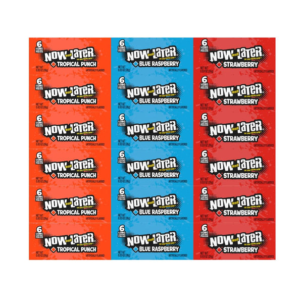 Generic Candy Assortment Now and Later, 3 Flavors -Tropical Punch, Blue Raspberry, Strawberry - Chewy & Long-Lasting Fruit Candy, 0.93 Oz - 6 Each Flavor, 18 Pack