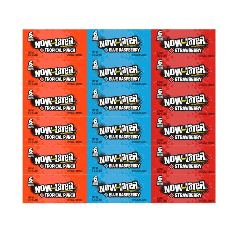 Generic Now and Later Fruit Candy Assortment, 3 Flavors - Tropical Punch, Blue Raspberry, Strawberry, 0.93 Oz (18-Pack)