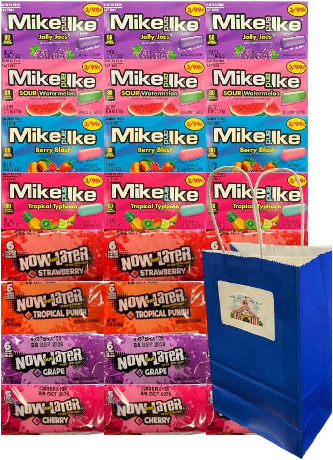 Assorted Candy Variety Pack 24 Count – Mike and Ike & Now and Later Mix – 8 Fruity Flavors – Chewy Fruit Candy – Individually Wrapped for Parties, Snacks, Bulk Sharing – Includes Blue Paper Bag