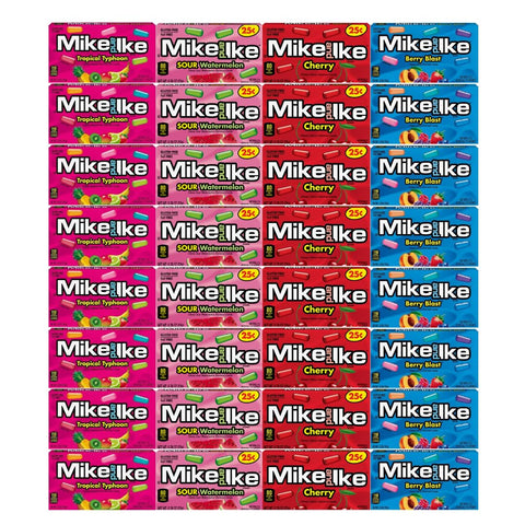Generic Candy Assorted Flavor Mike and Ike - 4 Flavors, Tropical Typhoon, Berry Blast, Cherry, Sour Watermelon - 0.78 oz, 8 Each Flavor, 32 Pack - Perfect for Parties & Treats