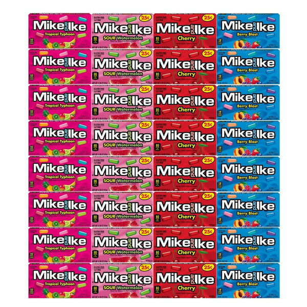 Generic Candy Assorted Flavor Mike and Ike - 4 Flavors, Tropical Typhoon, Berry Blast, Cherry, Sour Watermelon - 0.78 oz, 8 Each Flavor, 32 Pack - Perfect for Parties & Treats