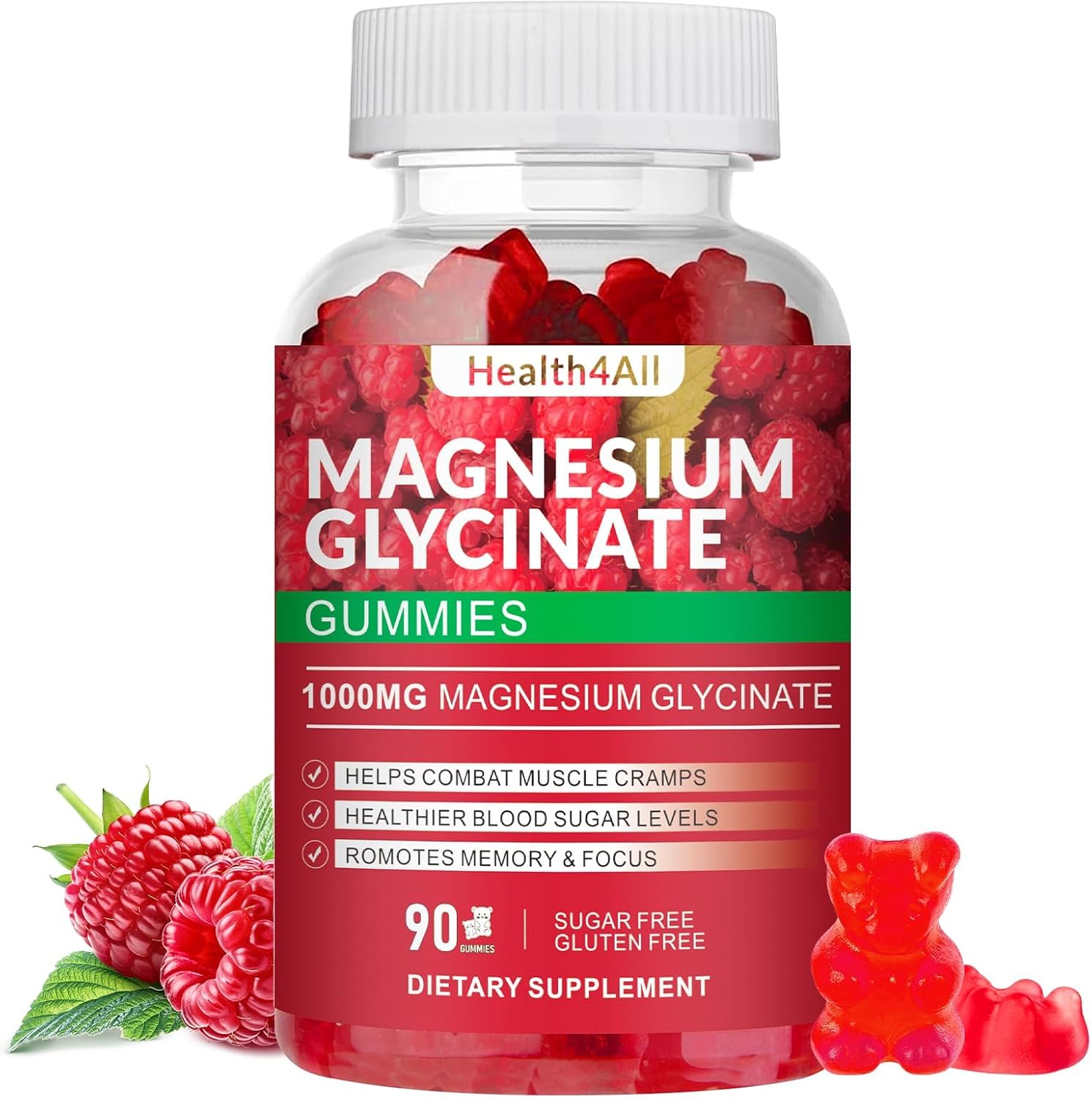 Magnesium Glycinate Gummies 1000mg, High Absorption Sugar Free Magnesium Potassium Supplement for Relaxation, Stress Relief, and Sleep Support for Adults & Kids - 90 Raspberry Gummies