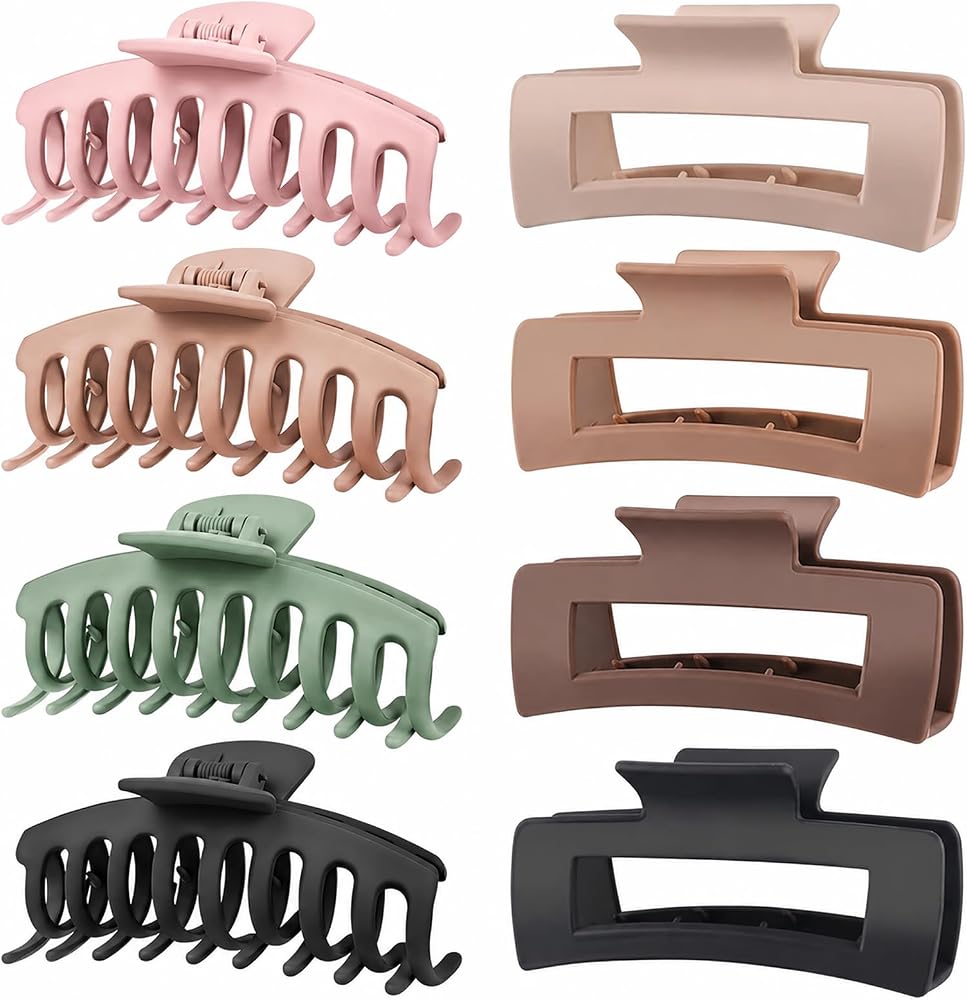 TOCESS Hair Claw Clips for Women, 8 Pack Large 4.33 Inch Jumbo Strong Hold Claw Clip Set for Thick, Thin, Long, Curly Hair, Big Neutral Matte Non-Slip Rectangle Clamps for Girls