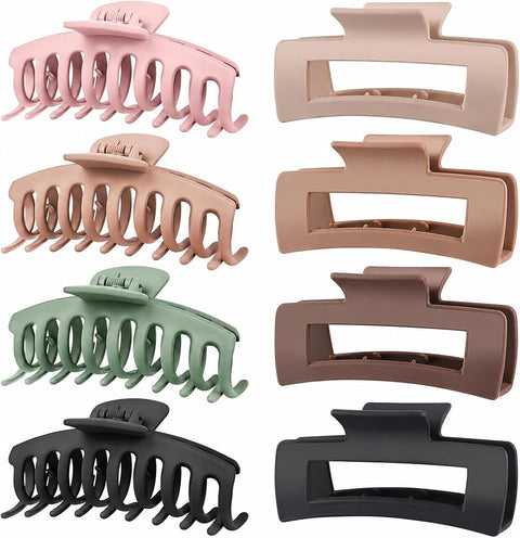 TOCESS Hair Claw Clips for Women, 8 Pack Large 4.33 Inch Jumbo Strong Hold Claw Clip Set for Thick, Thin, Long, Curly Hair, Big Neutral Matte Non-Slip Rectangle Clamps for Girls