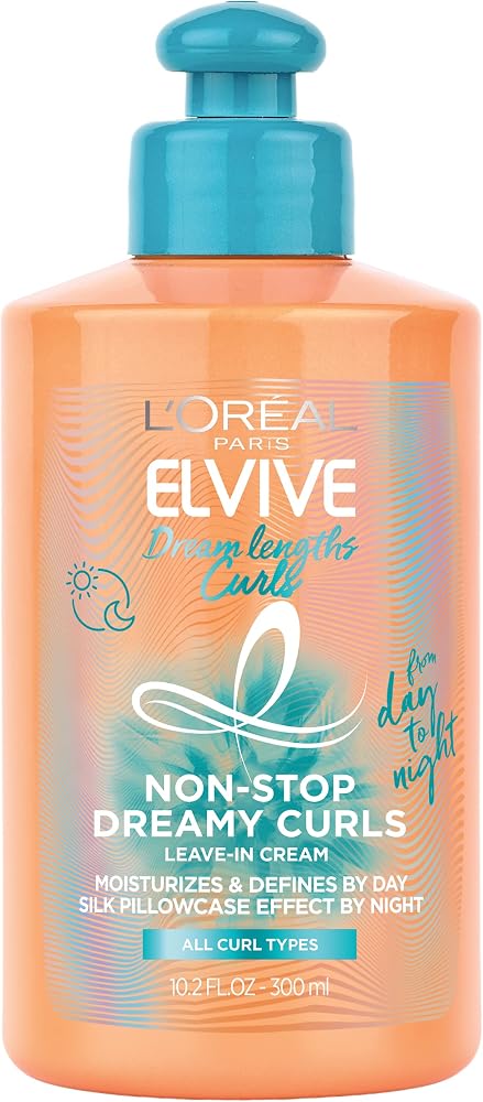L'Oreal Paris Elvive Dream Lengths Curls Non-Stop Dreamy Curls leave-in conditioner, Paraben-Free with Hyaluronic Acid and Castor Oil. Best for wavy hair to coily hair, 10.2 fl oz