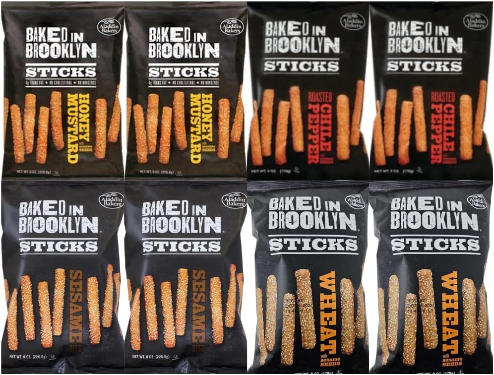 Variety Pack Baked In Brooklyn Sticks - Honey Mustard, Roasted Chile Pepper, Sesame, Wheat with Sesame Seeds - 4 Flavors - 6 Oz, 8 Pack - Perfect Snack for Parties, Lunches, and On-the-Go