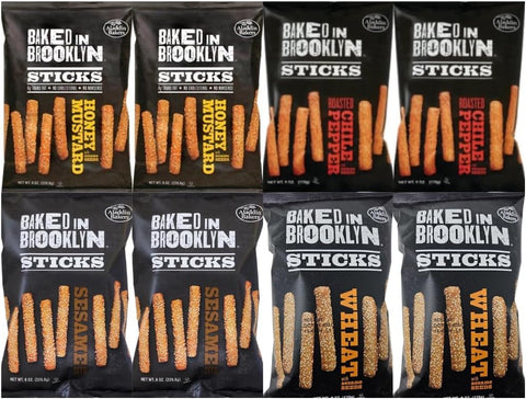Variety Pack Baked In Brooklyn Sticks - Honey Mustard, Roasted Chile Pepper, Sesame, Wheat with Sesame Seeds - 4 Flavors - 6 Oz, 8 Pack - Perfect Snack for Parties, Lunches, and On-the-Go