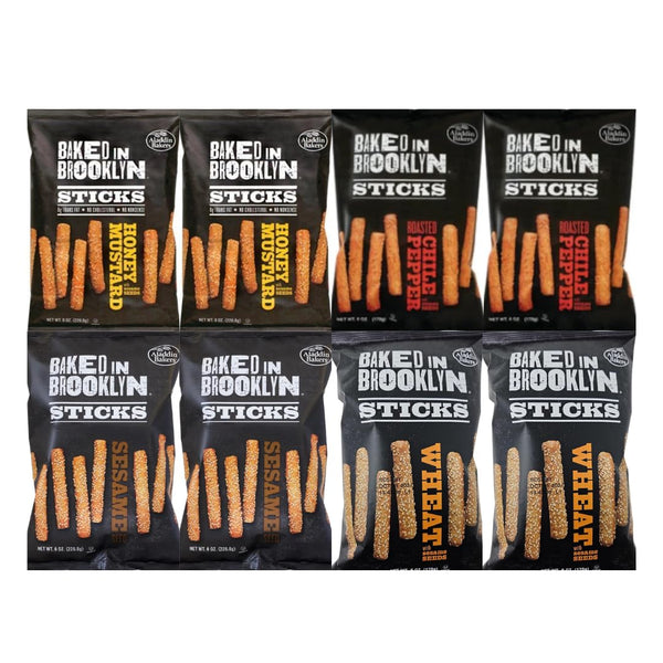 Variety Pack Baked In Brooklyn Sticks - Honey Mustard, Roasted Chile Pepper, Sesame, Wheat with Sesame Seeds - 4 Flavors - 6 Oz, 8 Pack - Perfect Snack for Parties, Lunches, and On-the-Go