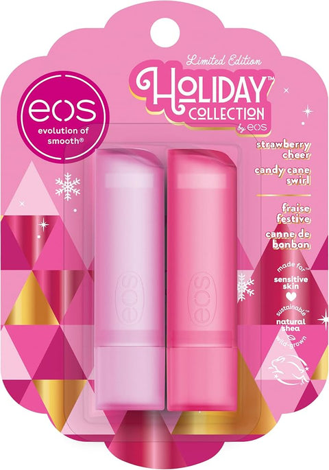 eos Holiday Lip Balm Gift- Strawberry Cheer & Candy Cane Swirl, Stocking Stuffers, All-Day Moisture Lip Care, 0.14 oz, 2-Pack