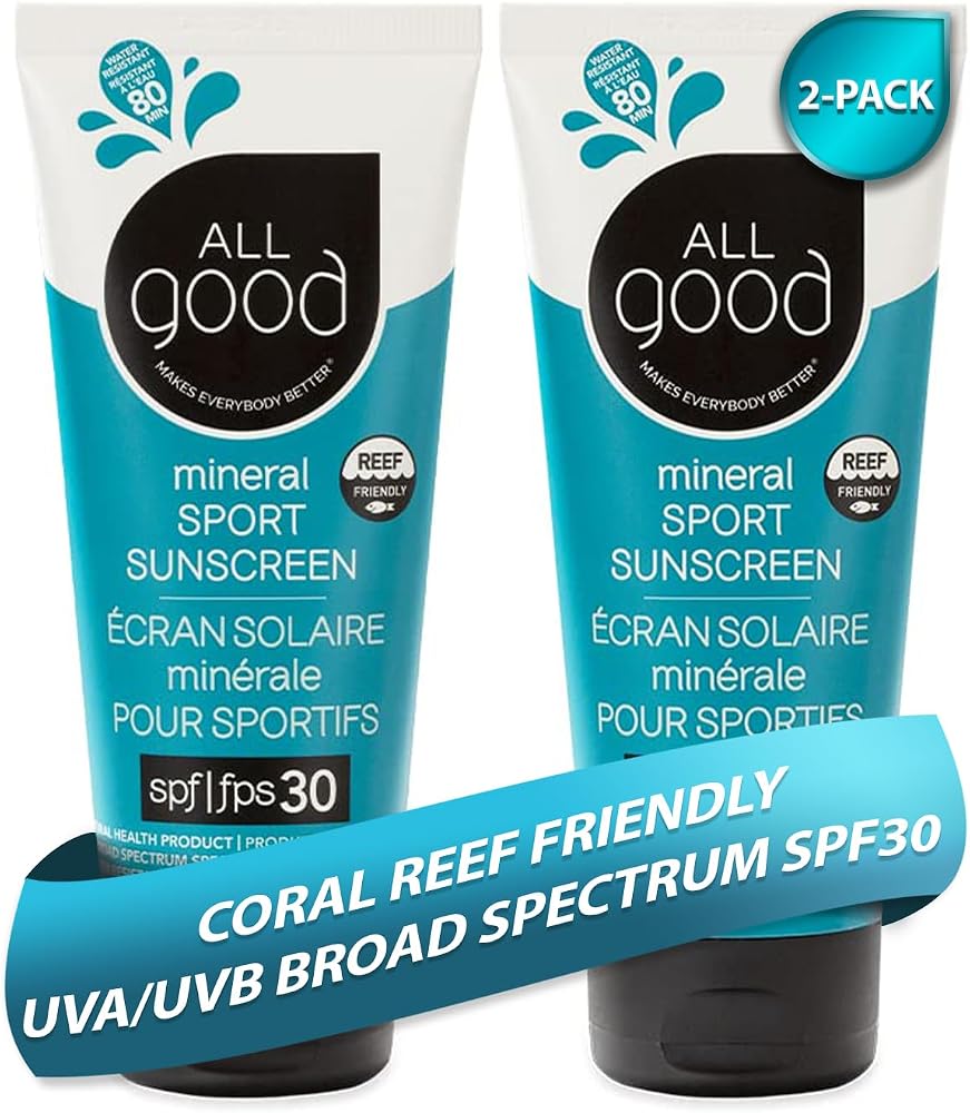 All Good Sunscreen - Sport Mineral Sunscreen Lotion, Reef Friendly, SPF 30+ for Face & Body, Water & Sweat Resistant, 2-pack (3 oz) - Personal Care