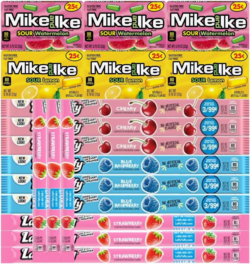 Variety Pack Candy Mix Mike and Ike & Taffy Ropes, Assortment of 3 Each in 5 Flavors, Individually Wrapped – Sour Watermelon, Lemon, Cherry, Blue Raspberry, Strawberry – Ideal for Sharing