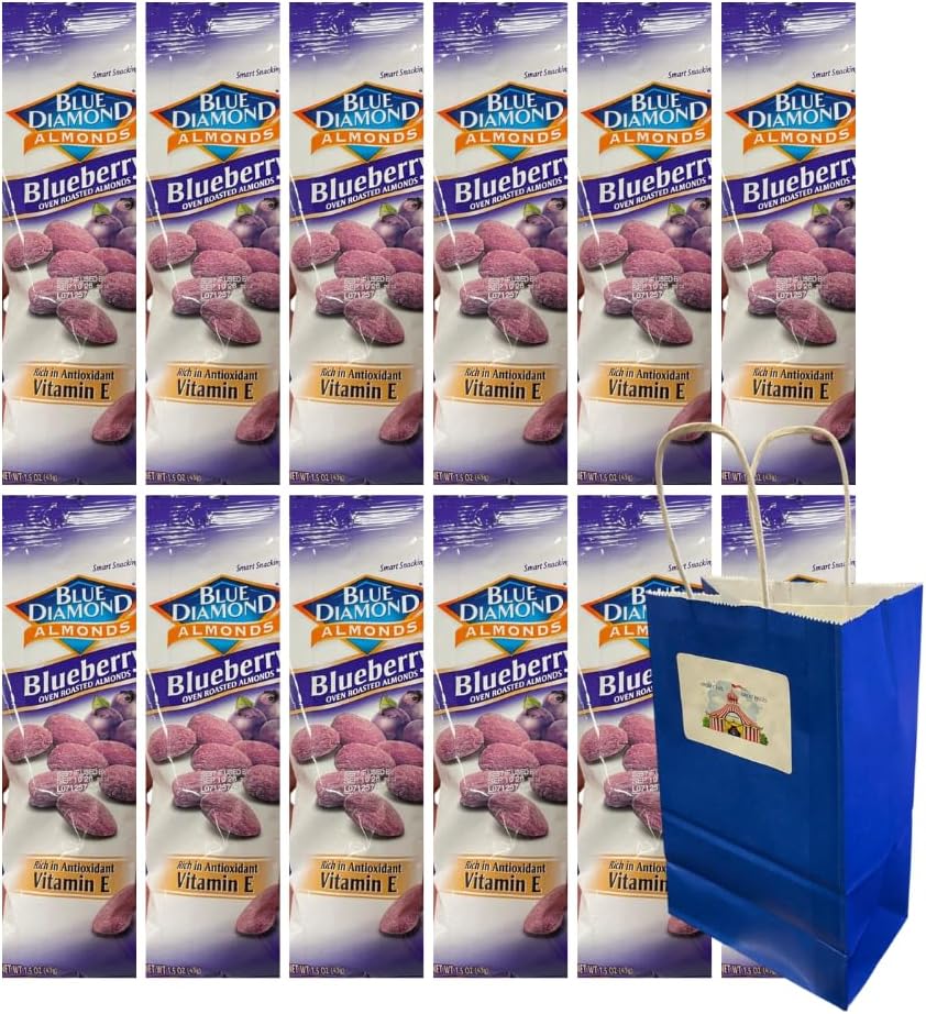 Big Top Deals USA Blue Paper Bag 5.25x3.2x8 with Diamond Almonds Blueberry 1.5 oz, 12 Pack – Giftable Treat Bags with Crunchy Flavored Almonds