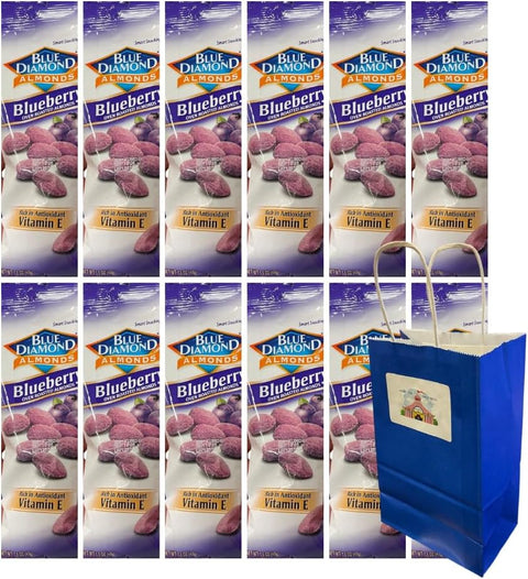Big Top Deals USA Blue Paper Bag 5.25x3.2x8 with Diamond Almonds Blueberry 1.5 oz, 12 Pack – Giftable Treat Bags with Crunchy Flavored Almonds