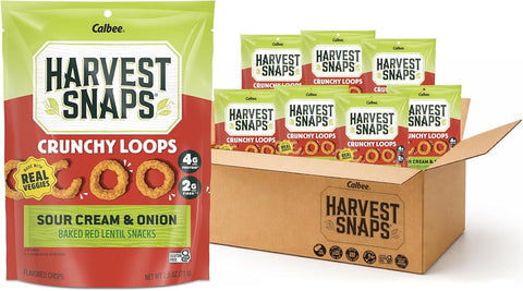 Harvest Snaps Veggie Chips (Sour Cream and Onion Crunchy Loops) | Powered by Plant Protein, Gluten Free Baked Vegetable Crisps | Made in USA (8 Snack Packs)