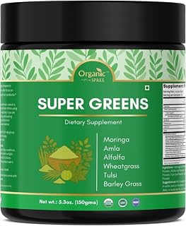 ORGANIC SPREE Super Greens Powder 5.3 oz (150g) - 30 Days Supply - Moringa, Wheatgrass, Tulsi, Amla, Alfalfa, Barley Grass - Supports Detox & Immunity* | USDA Organic, GMP, HACCP Certified (1)