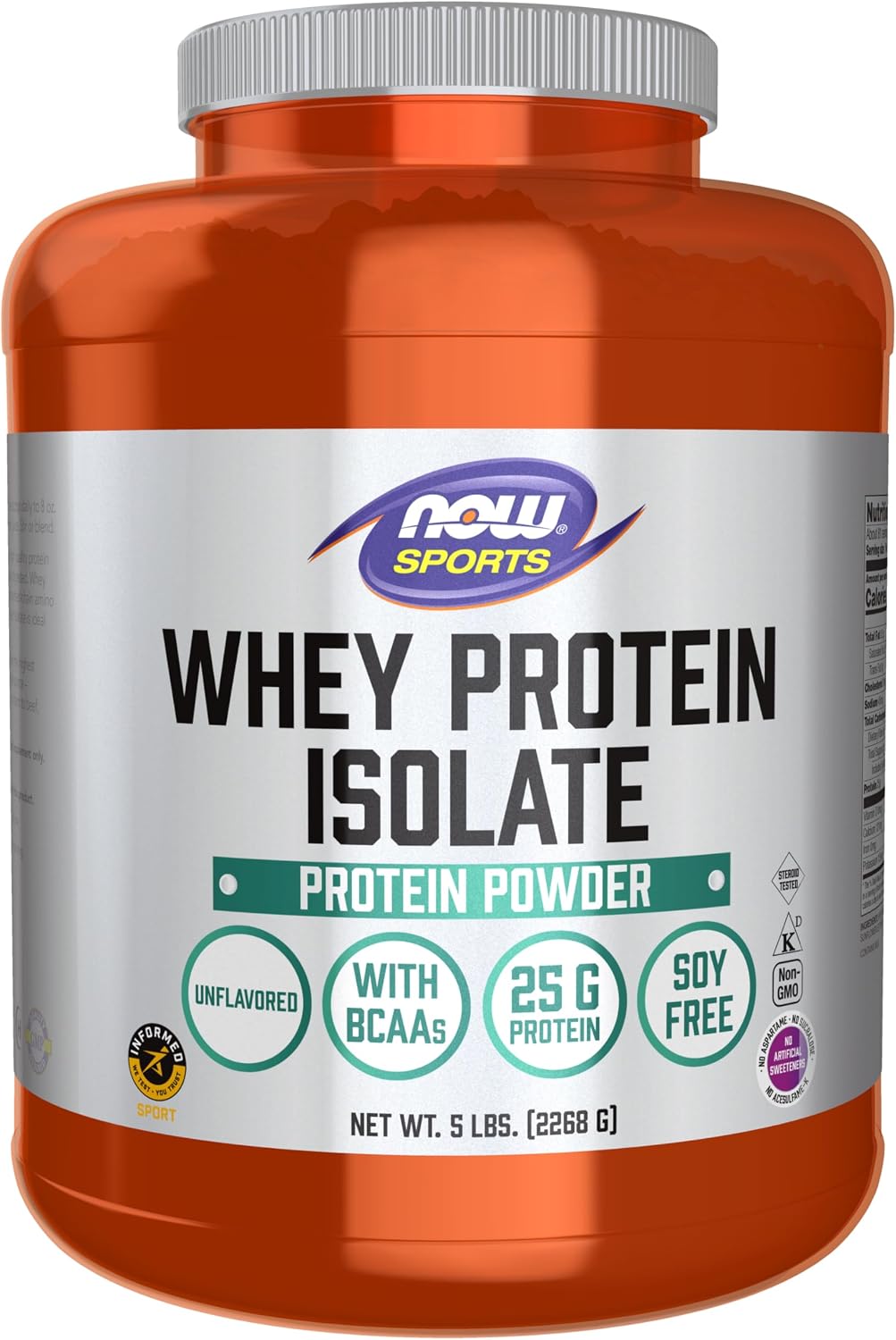 Now Sports, Whey Protein Isolate 24 g with BCAAs, Unflavored Powder, 5 lbs
