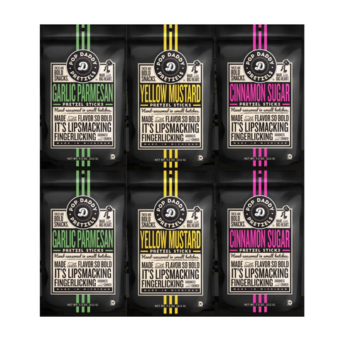 Variety Pack Flavored Pretzel Sticks Pop Daddy - Garlic Parmesan, Yellow Mustard, Cinnamon Sugar - 7.5 oz Each, 2 Packs of Each Flavor, 6 Pack - Perfect Snack for Any Occasion