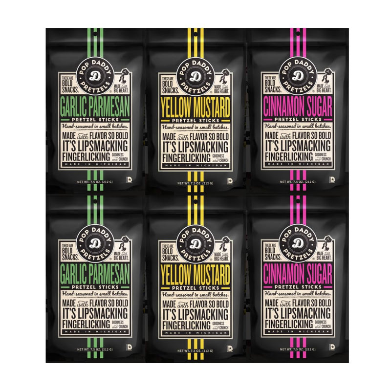 Variety Pack Flavored Pretzel Sticks Pop Daddy - Garlic Parmesan, Yellow Mustard, Cinnamon Sugar - 7.5 oz Each, 2 Packs of Each Flavor, 6 Pack - Perfect Snack for Any Occasion