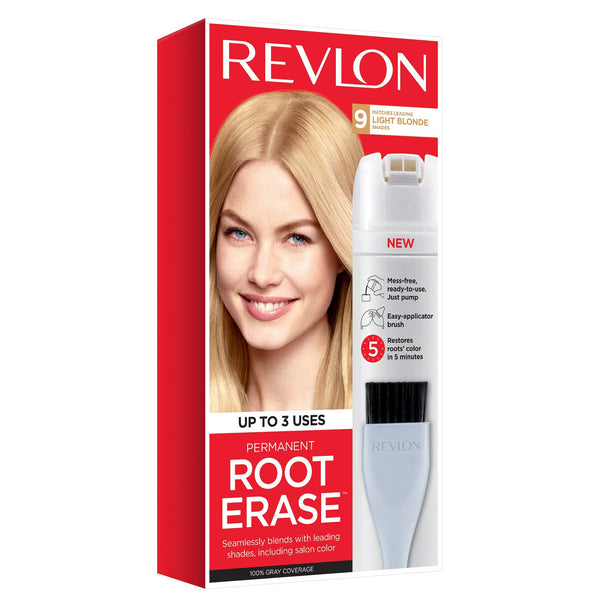 Revlon Permanent Hair Color, Permanent Hair Dye, At-Home Root Erase with Applicator Brush for Multiple Use, 100% Gray Coverage, Light Blonde (9), 3.2 Fl Oz