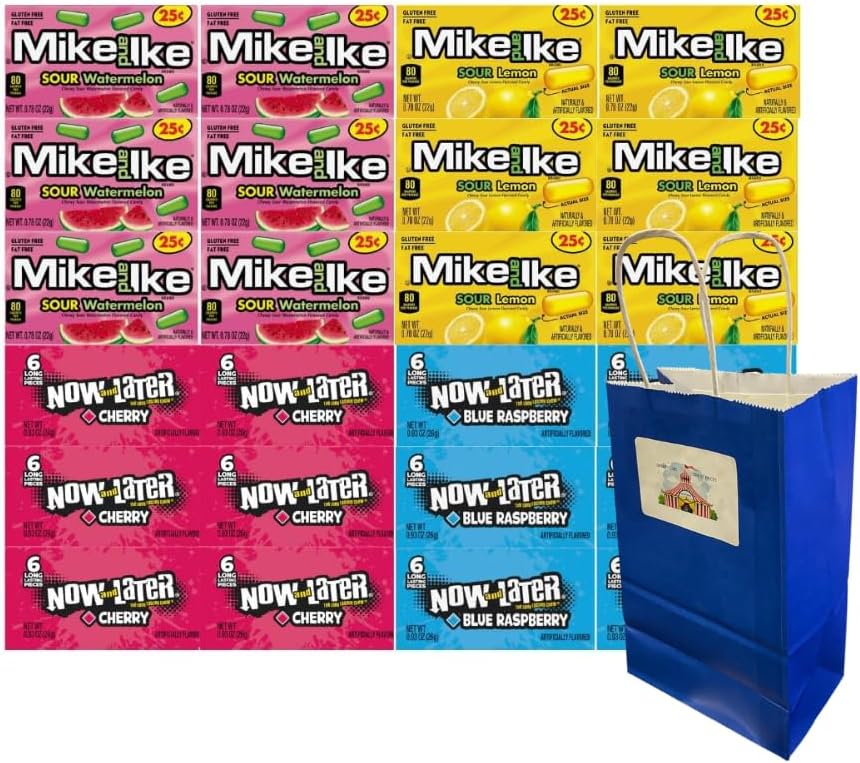 Generic Candy Assortment - Mike and Ike & Now and Later - Sour Watermelon, Sour Lemon, Cherry, Blue Raspberry, 6 Each Flavor, 24 Pack - Perfect for Parties and Snacks