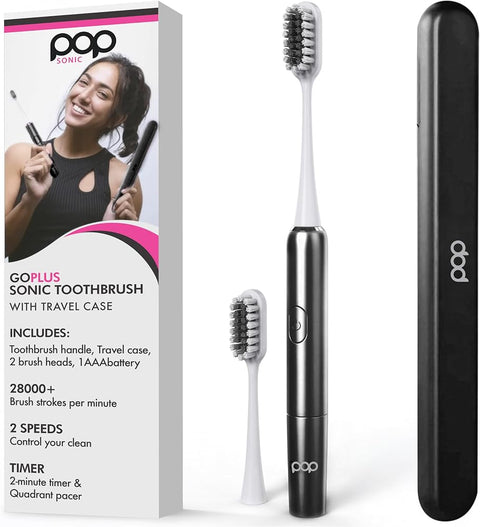 Pop Sonic Go Plus – Black – Electric Toothbrush for Adults – 2 Speed – Bathroom Essentials & Travel Essentials – Dupont Nylon Bristles – 18000-24000 Strokes/Min w/AAA Battery – TSA Approved