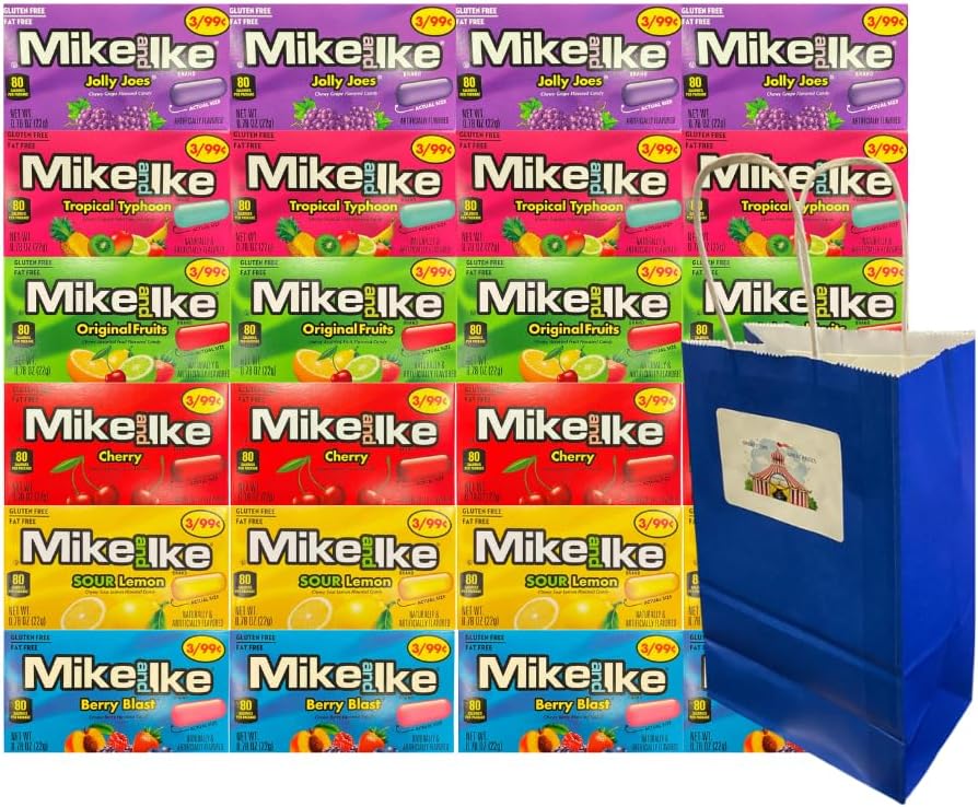 Variety Pack Mike and Ike Candy 24 Count – 4 Each of Jolly Joes, Cherry, Sour Lemon, Berry Blast, Tropical Typhoon, Original Fruits – 0.78 oz – Blue Paper Gift Bag Included 5.25x3.2x8