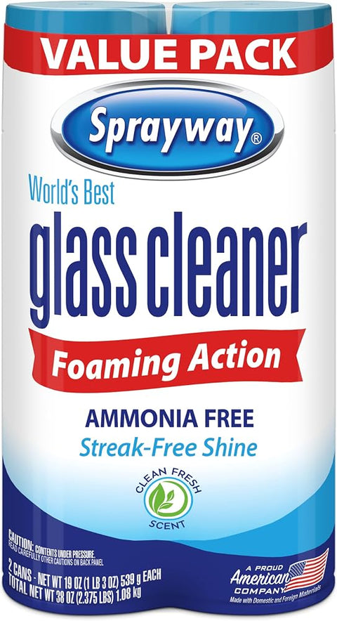 Sprayway Glass Cleaner Foaming Aerosol Spray, 19oz, Pack of 2 | Ammonia-Free, Streakless, Fast-Acting | Cleans & Polishes Glass Surfaces | Fresh Scent, Removes Fingerprints, Dust, Dirt, Smoke Film